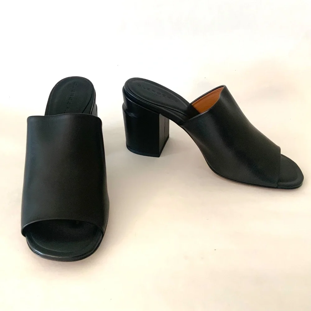 ROBERT CLERGERIE ALLEGRIA MULE BLACK LEATHER block Heel Open Toe Slip On Sandals